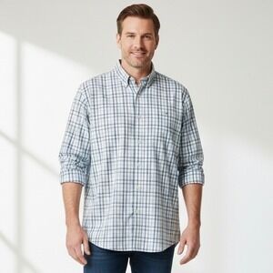 Mens Lands End Traditional‎ Fit Long Sleeve Plaid Button Up Shirt 20 35T White